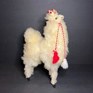 Vintage Handmade Fluffy Wool Plush Llama Alpaca Wire Framed Figure 11"